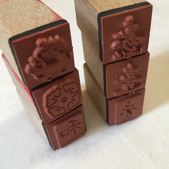 Vintage 90s Wooden Chinese Rubber Stamps + Inkpad + Box - Picture 4 of 15